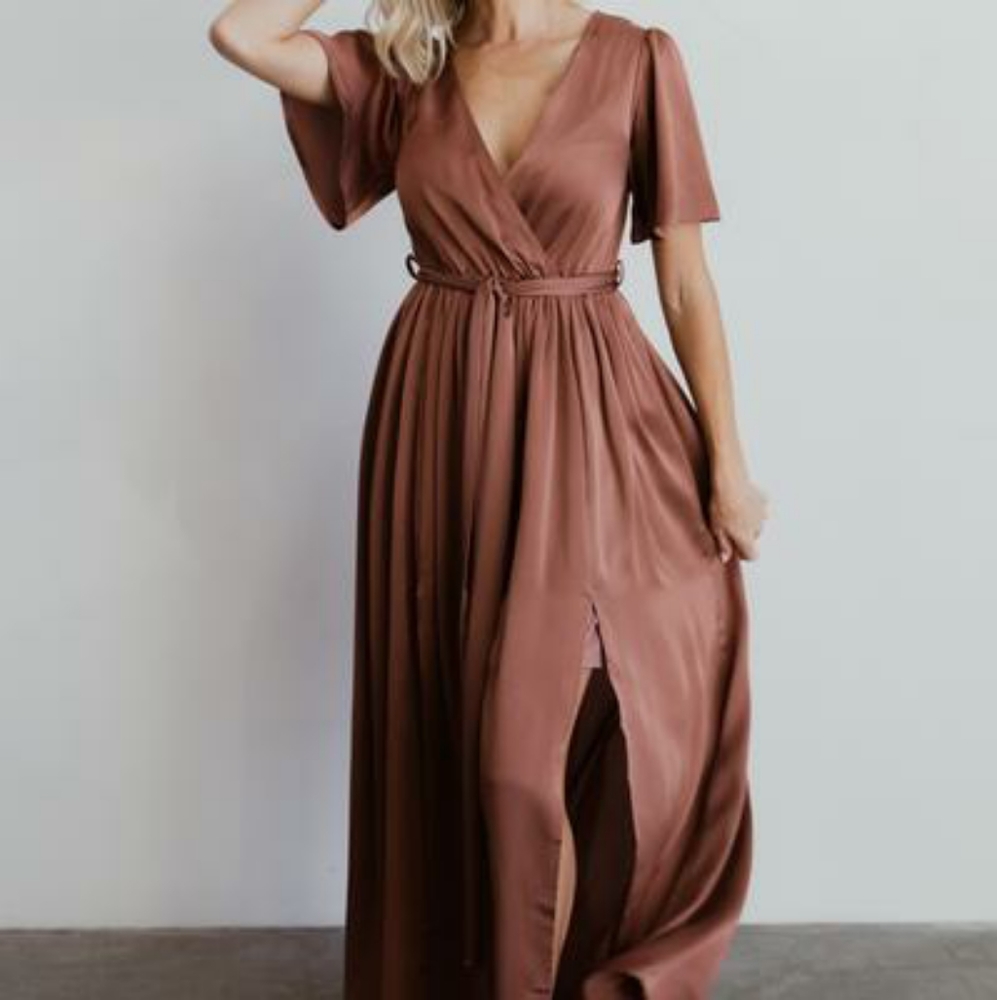 SICILY ROSY BROWN SATIN MAXI DRESS